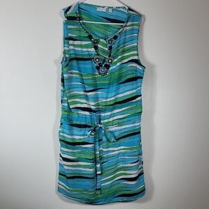 New York & Co Beaded Dress Size XL Sleeveless Pockets Waist Tie Artsy Blue Green